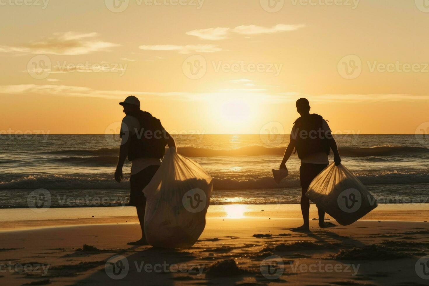 Volunteers clean beach garbage sunset. Generate Ai photo