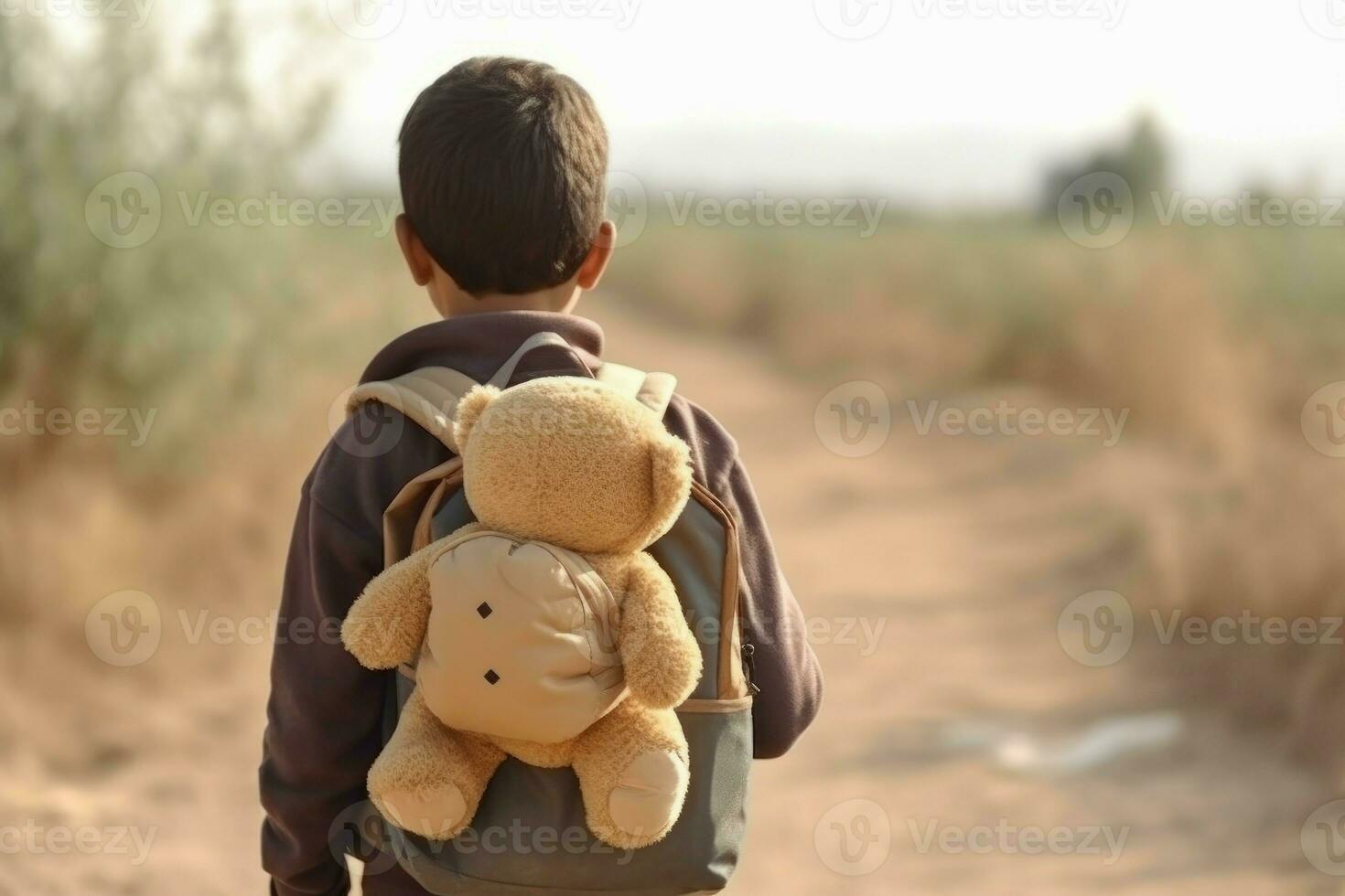 Back view kid refugee wtih teddy bear. Generate Ai photo