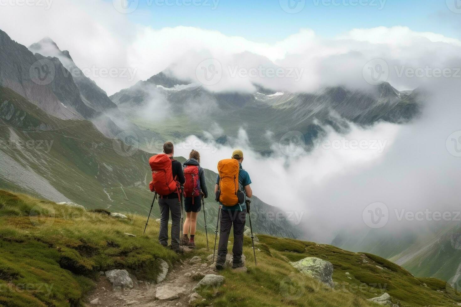 Back view hikers mountains travel. Generate Ai photo