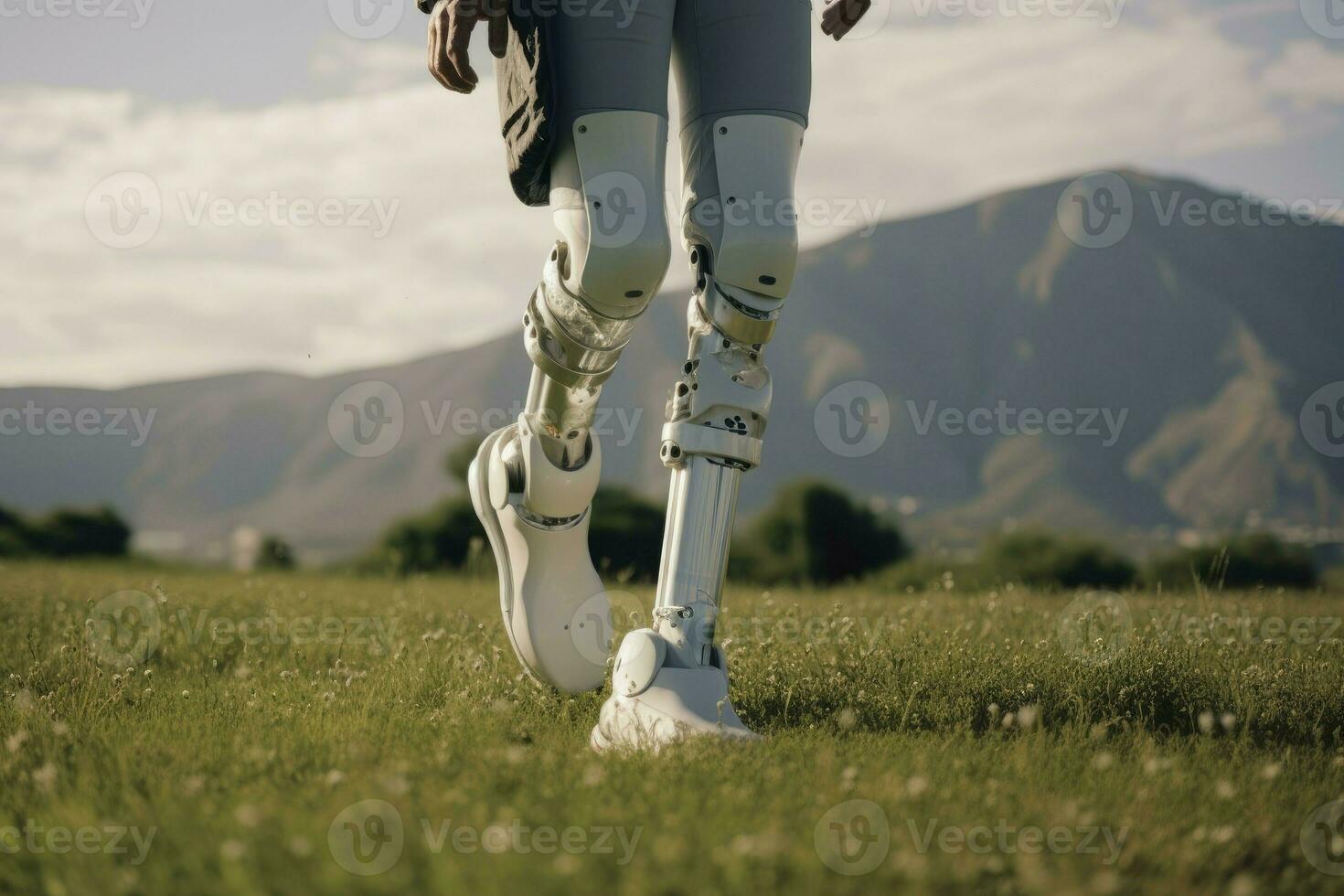 Person cyborg walking on mountain grass. Generate AI photo