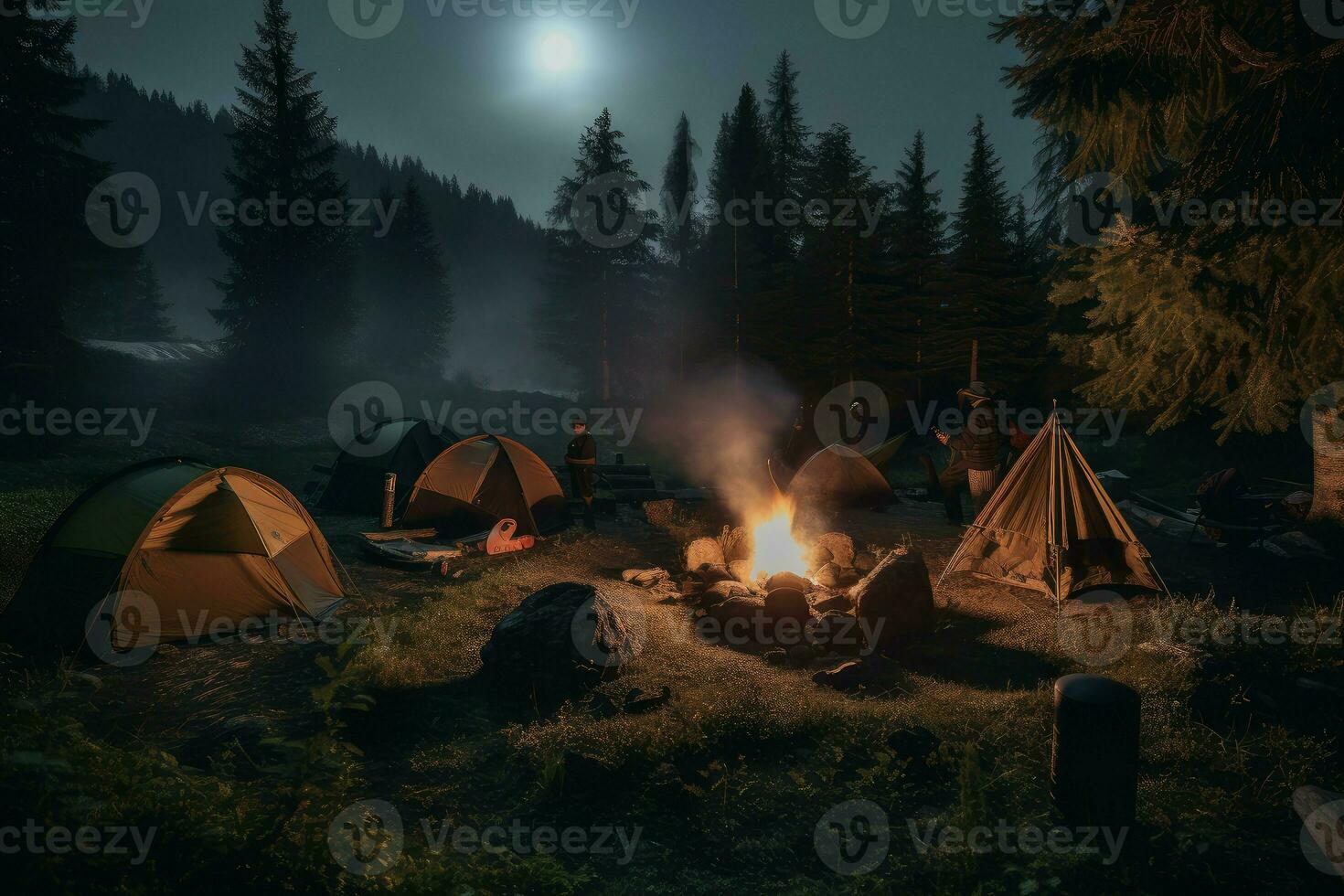 Campsite with fire. Generate Ai photo