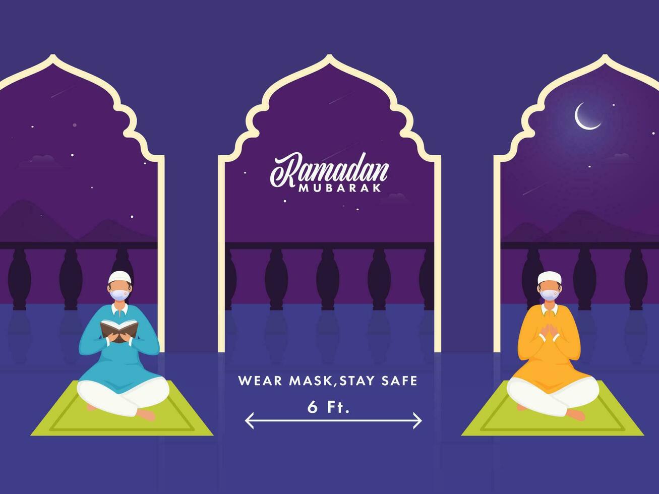 ilustración de musulmán hombres Orando con vestir máscara y mantener social distancia en Noche mezquita antecedentes para Ramadán mubarak. vector