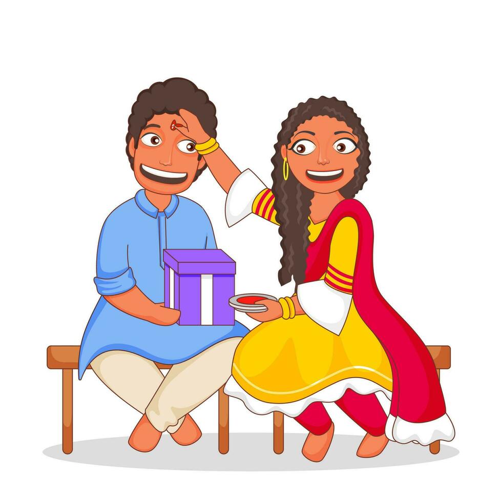 Sister Applying Tilak To Her Brother On White Background For Bhai Dooj Celebration. vector