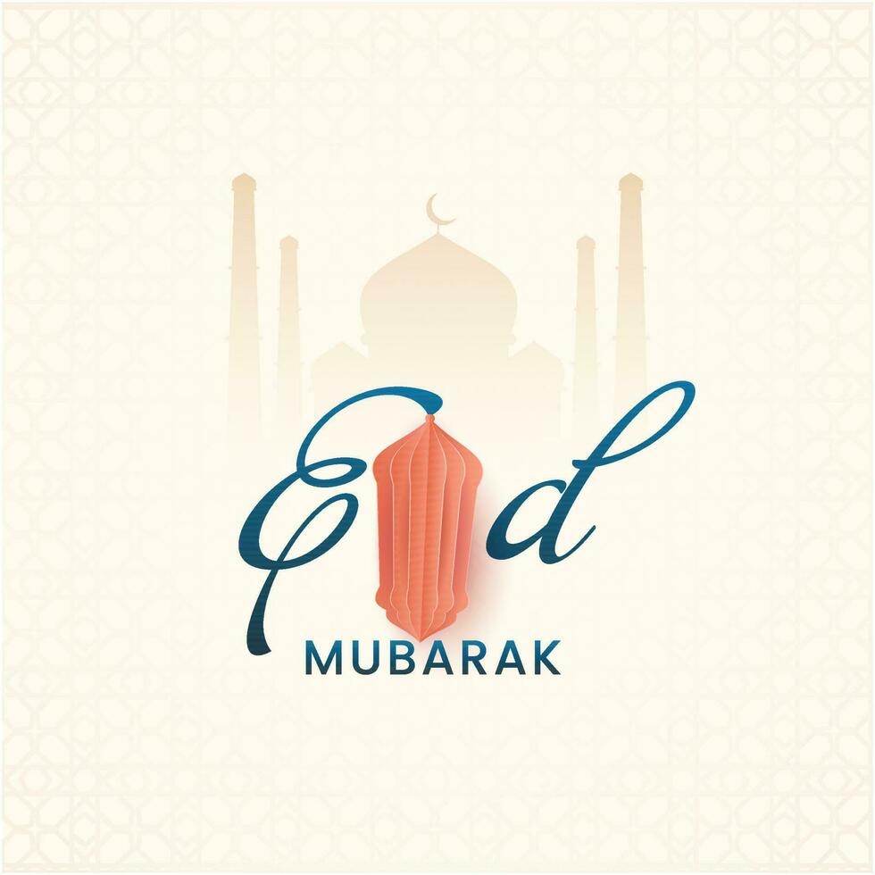 Eid Mubarak Font With Paper Lantern On Silhouette Mosque Islamic Pattern Background. vector