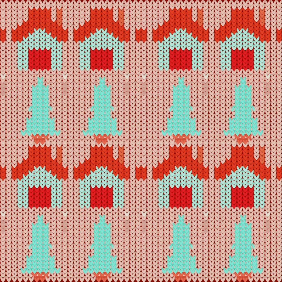 Christmas Knitting Pattern Background In Red And Turquoise Color. vector