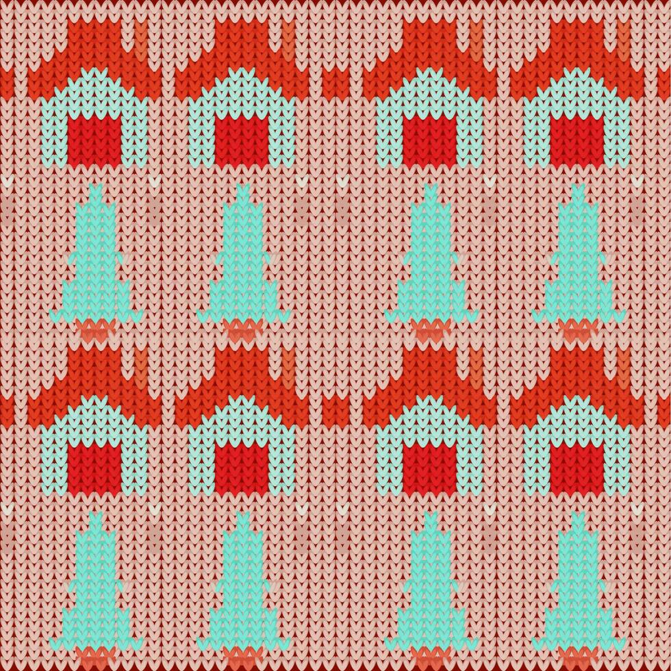 Christmas Knitting Pattern Background In Red And Turquoise Color. vector