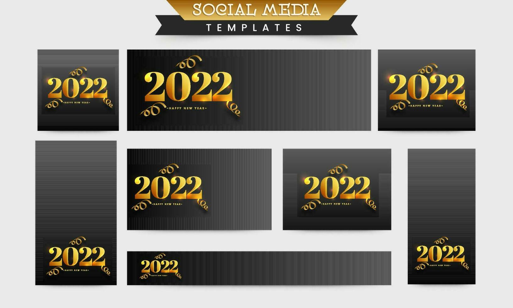 Social Media Templates Layout With Golden 2022 Happy New Year Font And Curl Ribbons On Black Background. vector