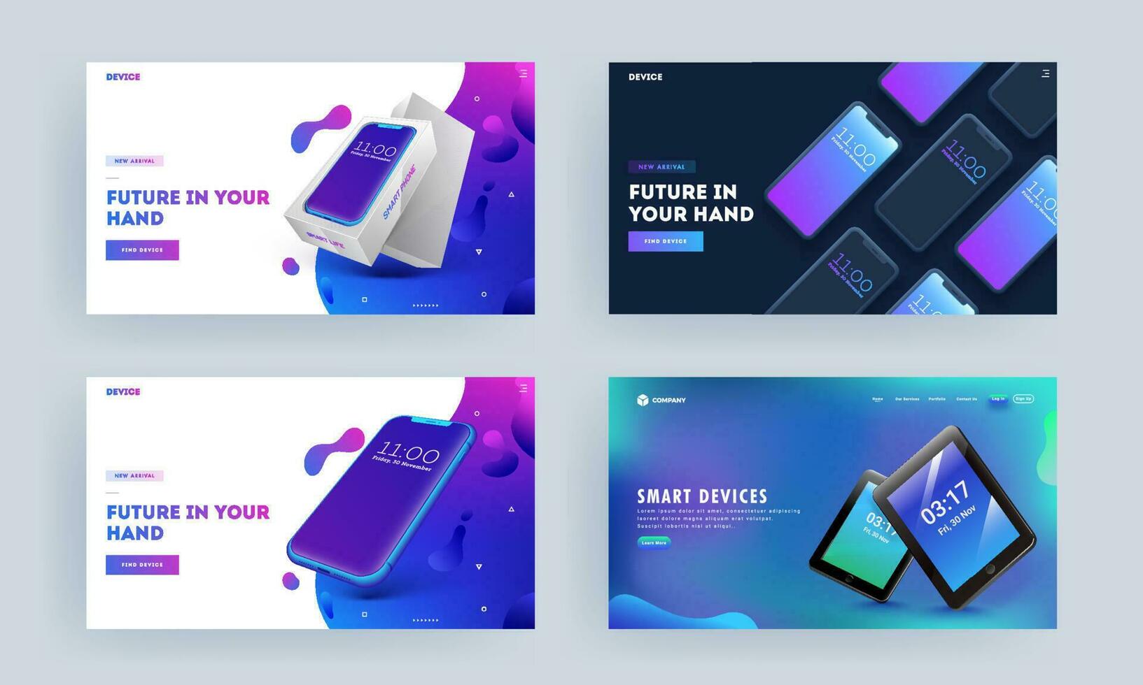 Future In Your Hand concept based landing page design with smartphone and tablet on abstract background in four option. vector