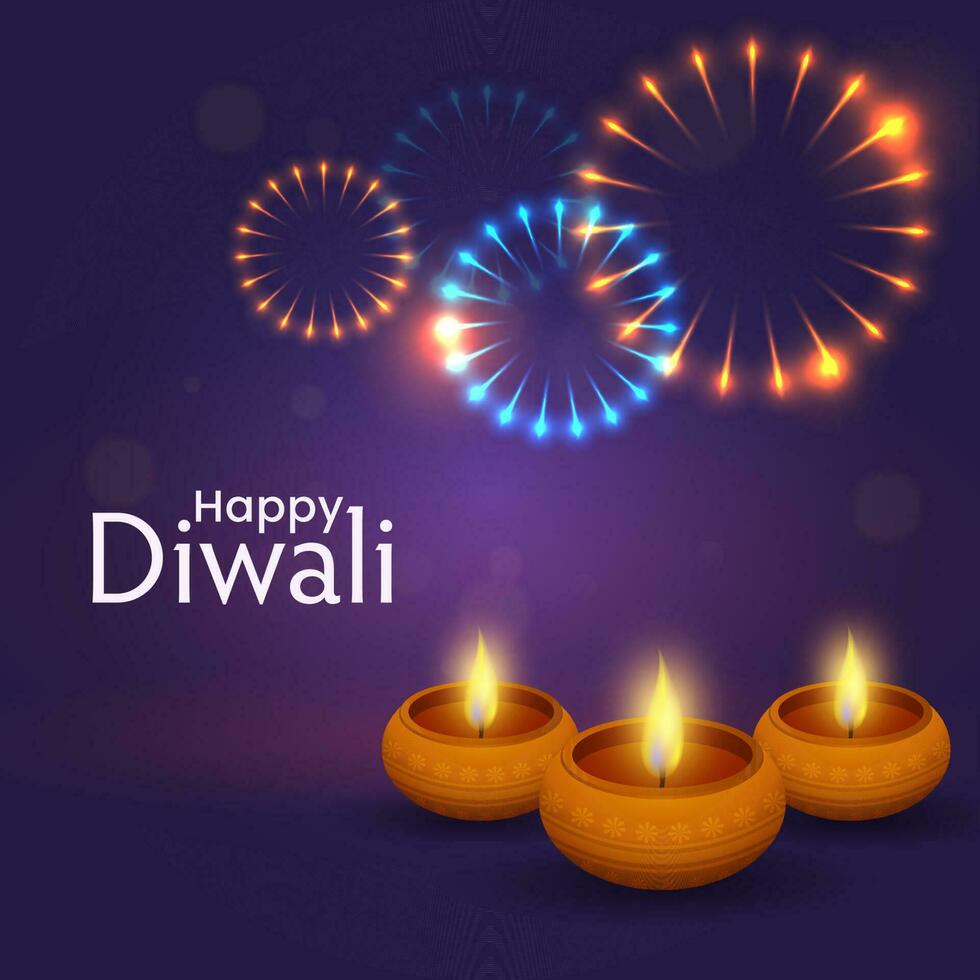 Happy Diwali Celebration Concept With Realistic Lit Oil Lamps On Purple Fireworks Background. vector