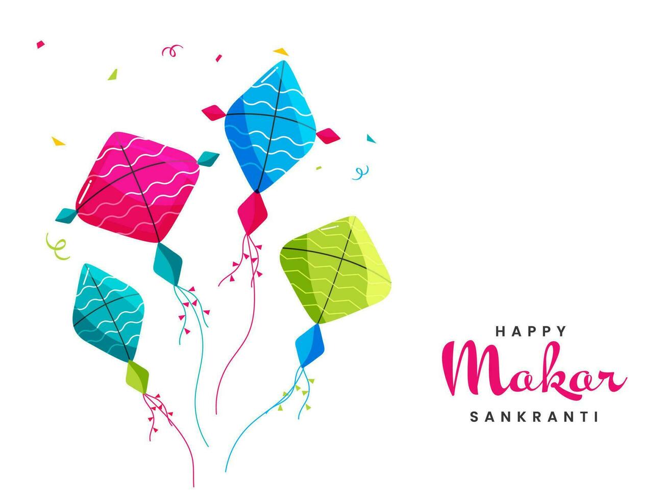 Happy Makar Sankranti Font With Colorful Kites, Confetti On White Background. vector