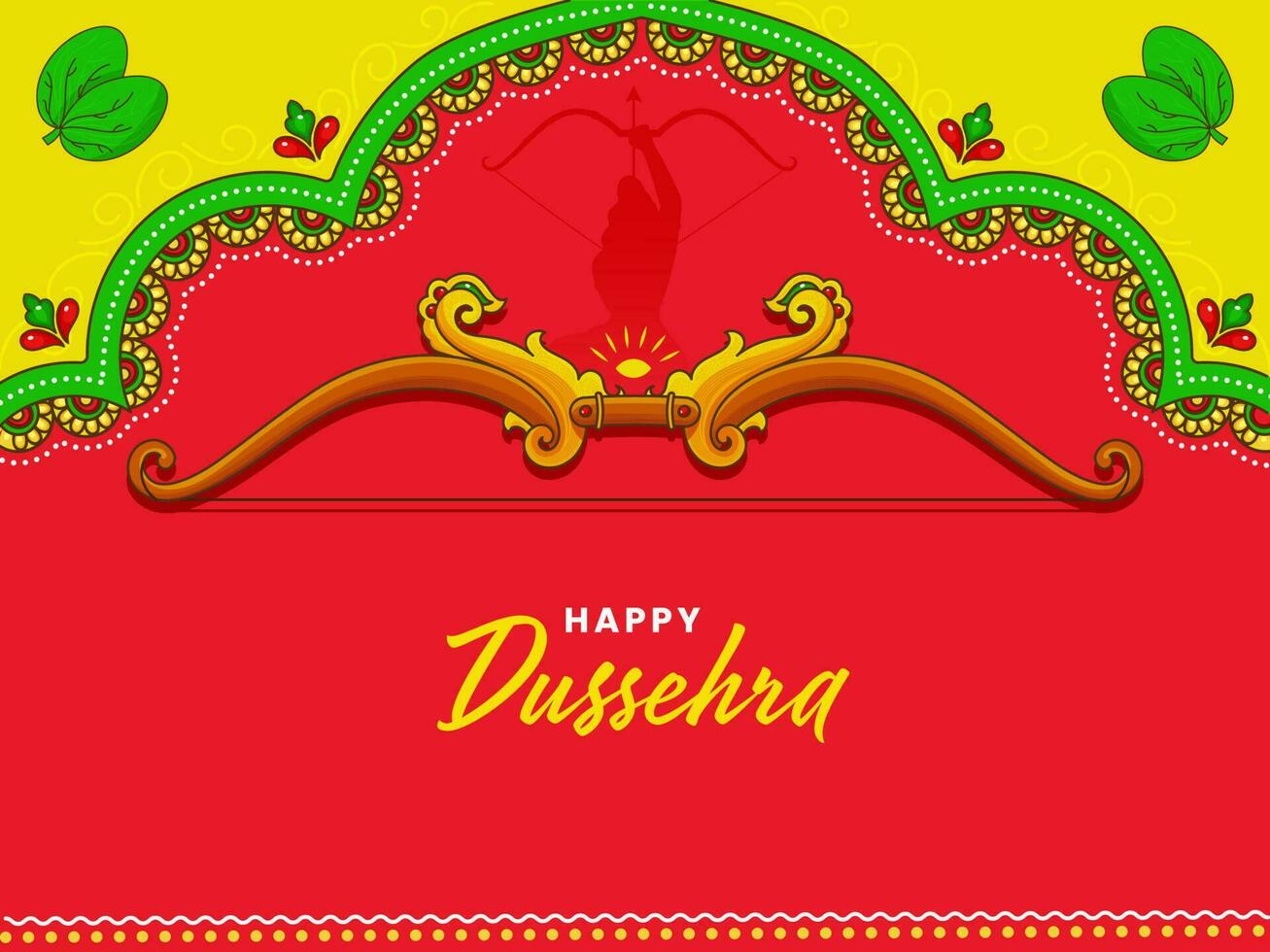 Happy Dussehra Concept With Bow Weapon Of Lord Rama, Apta Leaves On Red And Green Background. vector