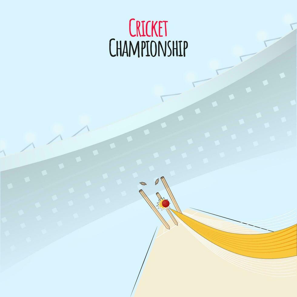 Vector Illustration Of Ball Hitting Wicket Stumps On Blue Stadium View For Cricket Championship Concept.