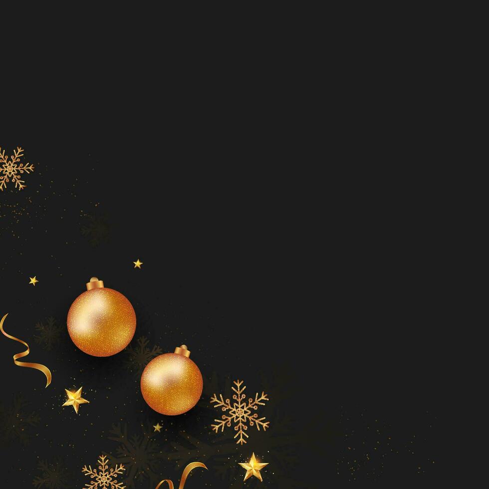 3D Glossy Baubles With Golden Stars, Snowflakes, Ribbons And Copy Space On Black Background. vector