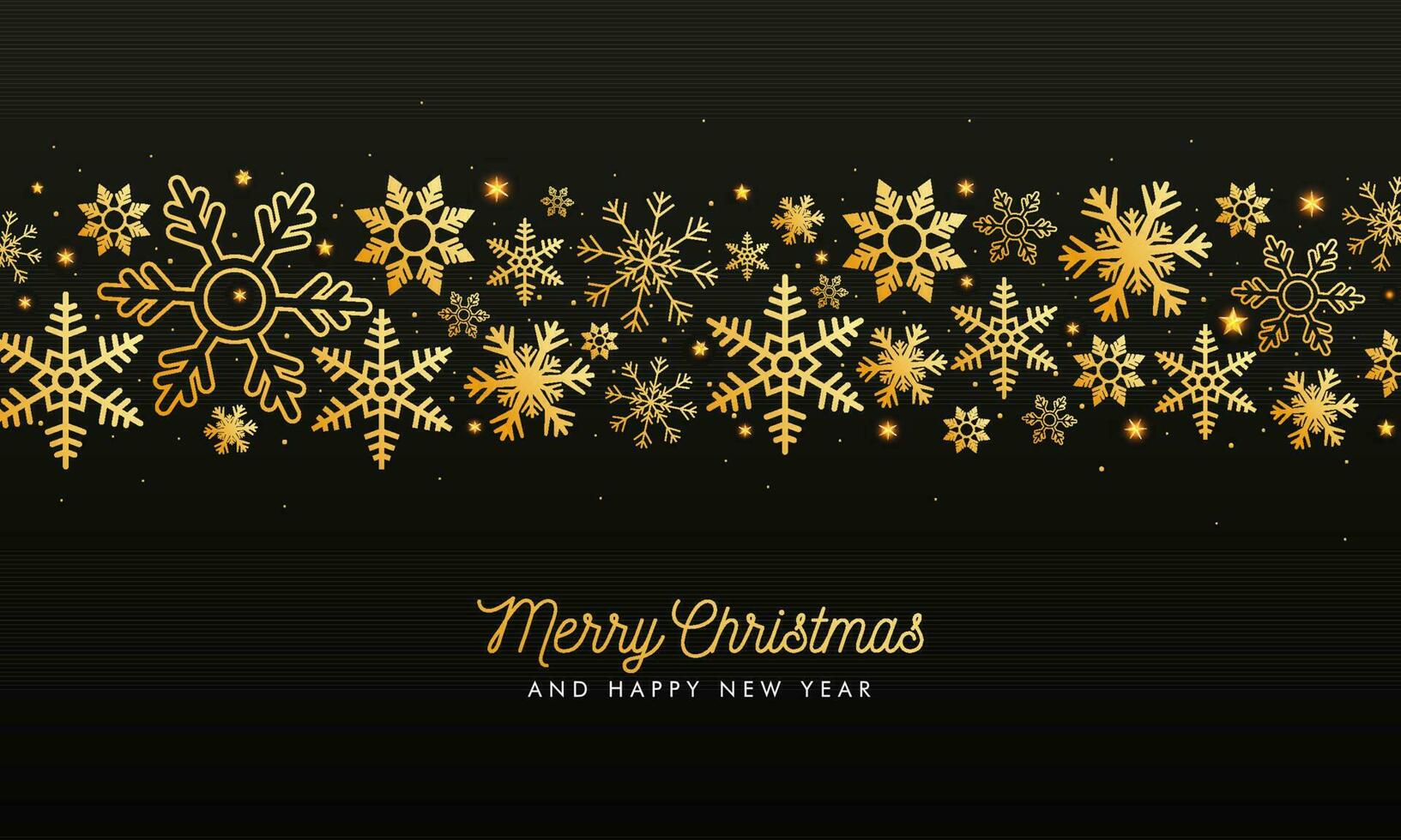 Merry Christmas and Happy New Year greeting card design with golden stars and snowflakes decorated on black background. vector