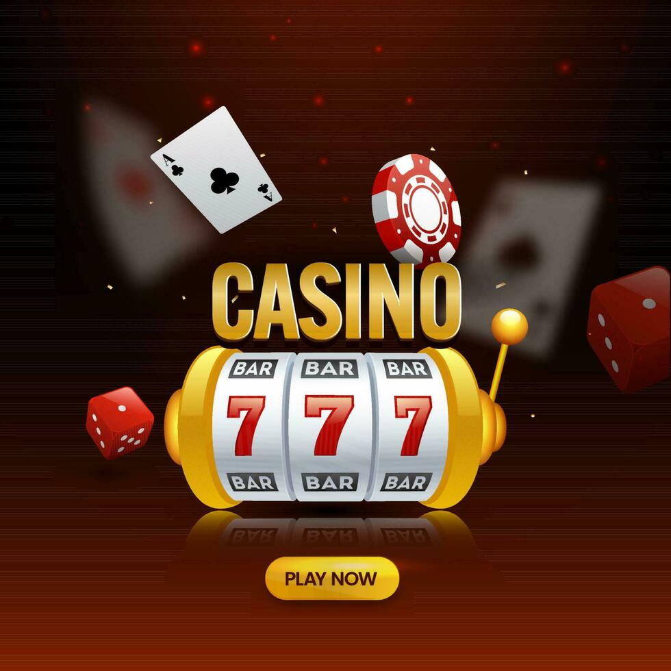 Casino Background With 3D Slot Machine, Dice, Poker Chip And Ace Cards. vector