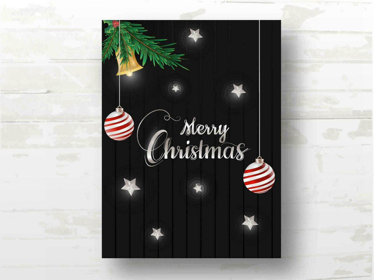 Merry Christmas celebration template design with realistic jingle bell, hanging baubles, pine leaves, holly berry and star decorated on black wooden background. vector