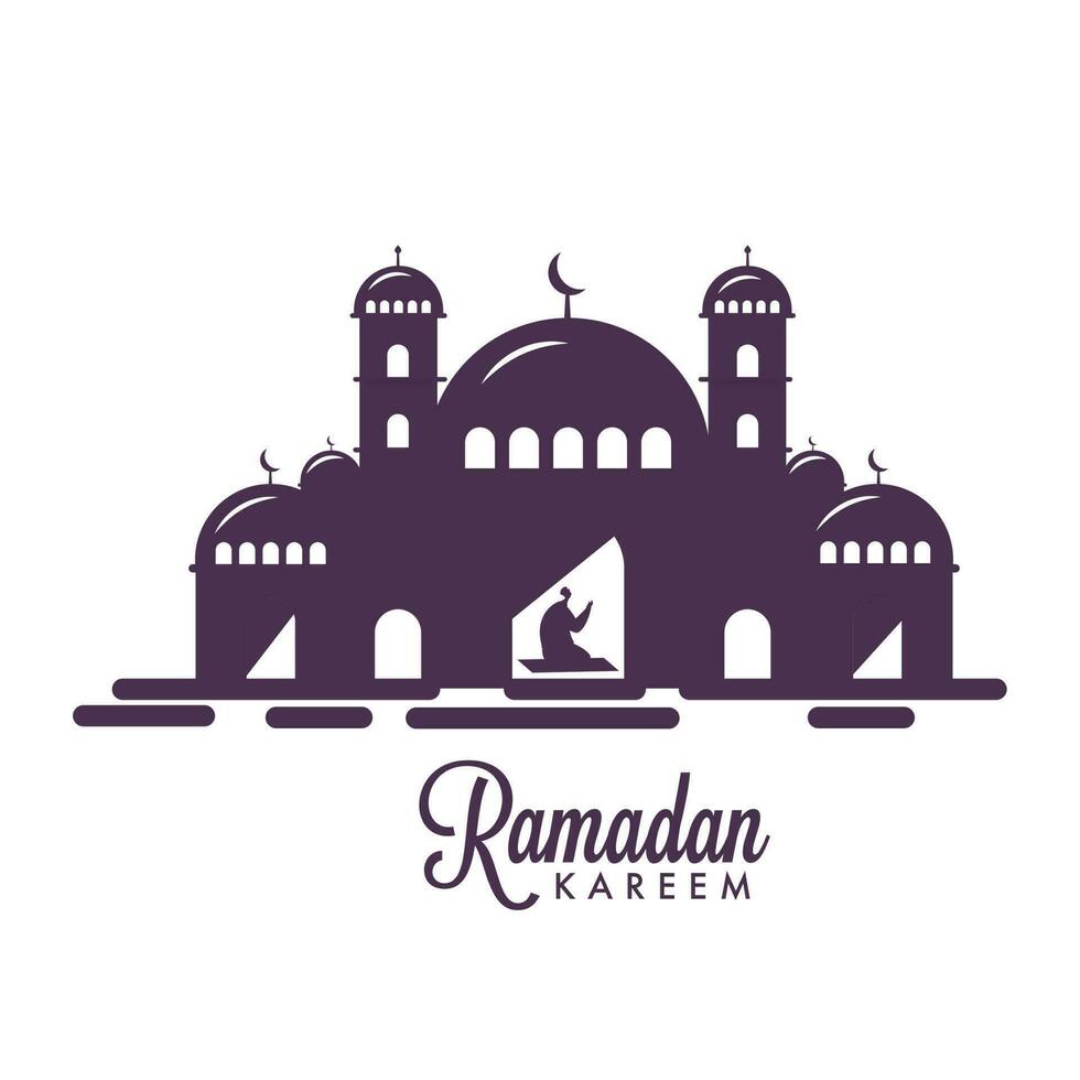 Purple Silhouette Mosque With Muslim Man Praying On White Background For Ramadan Kareem Celebration. vector