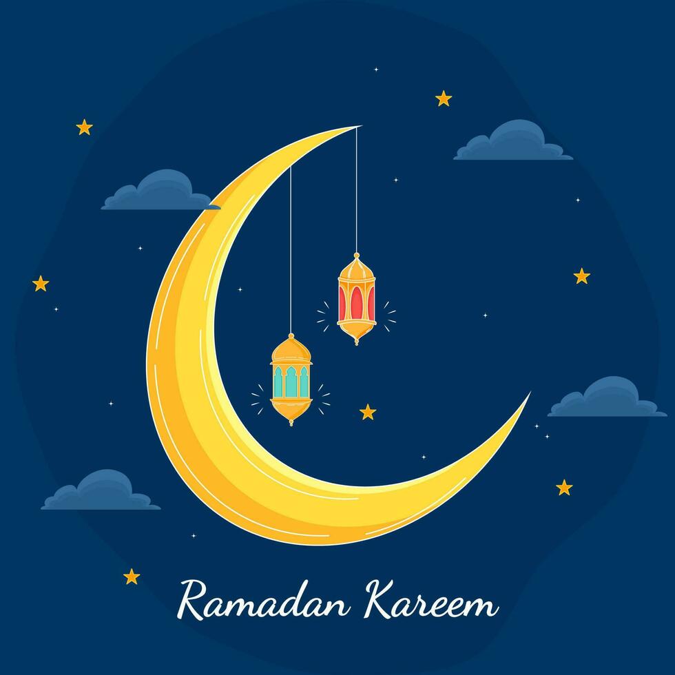 Yellow Crescent Moon With Hanging Lanterns And Stars On Blue Background For Ramadan Kareem Concept. vector