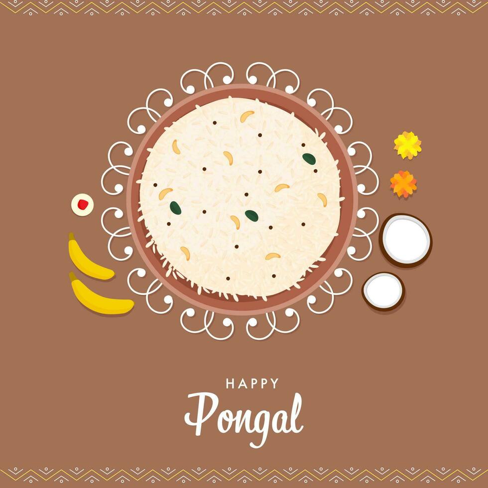 contento pongal concepto con parte superior ver de tradicional plato en bol, frutas en marrón antecedentes. vector