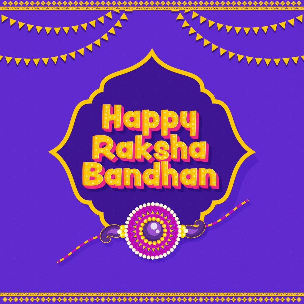 3D Happy Raksha Bandhan Font With Pearl Wristband Rakhi And Bunting Flags On Purple Background. vector