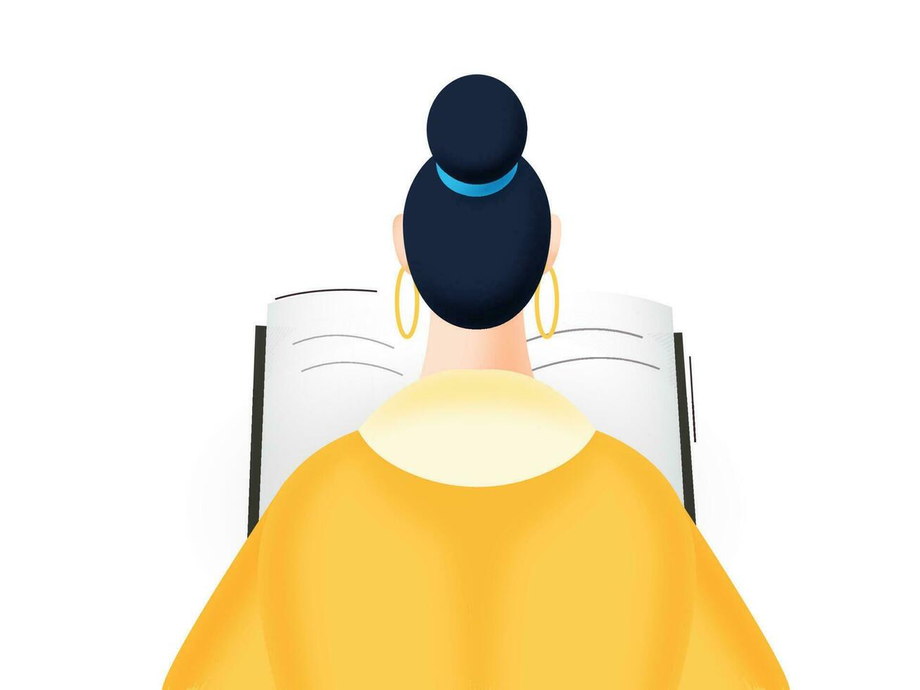 espalda ver de mujer personaje leyendo un libro en blanco antecedentes. vector