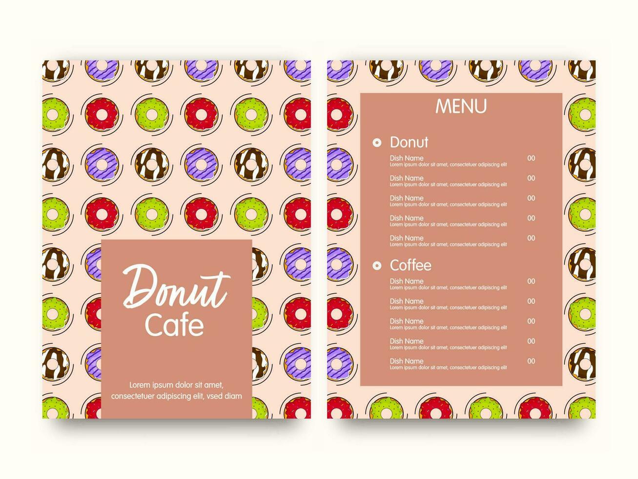 Donut Cafe Menu Template Layout In Front And Back Side. vector