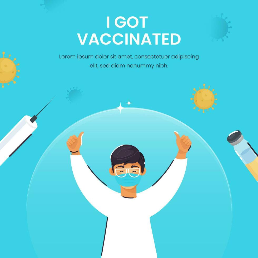 Vector Illustration Of Young Boy Wear Protective Mask With Showing Thumb Up On Blue Background For Get Vaccination.