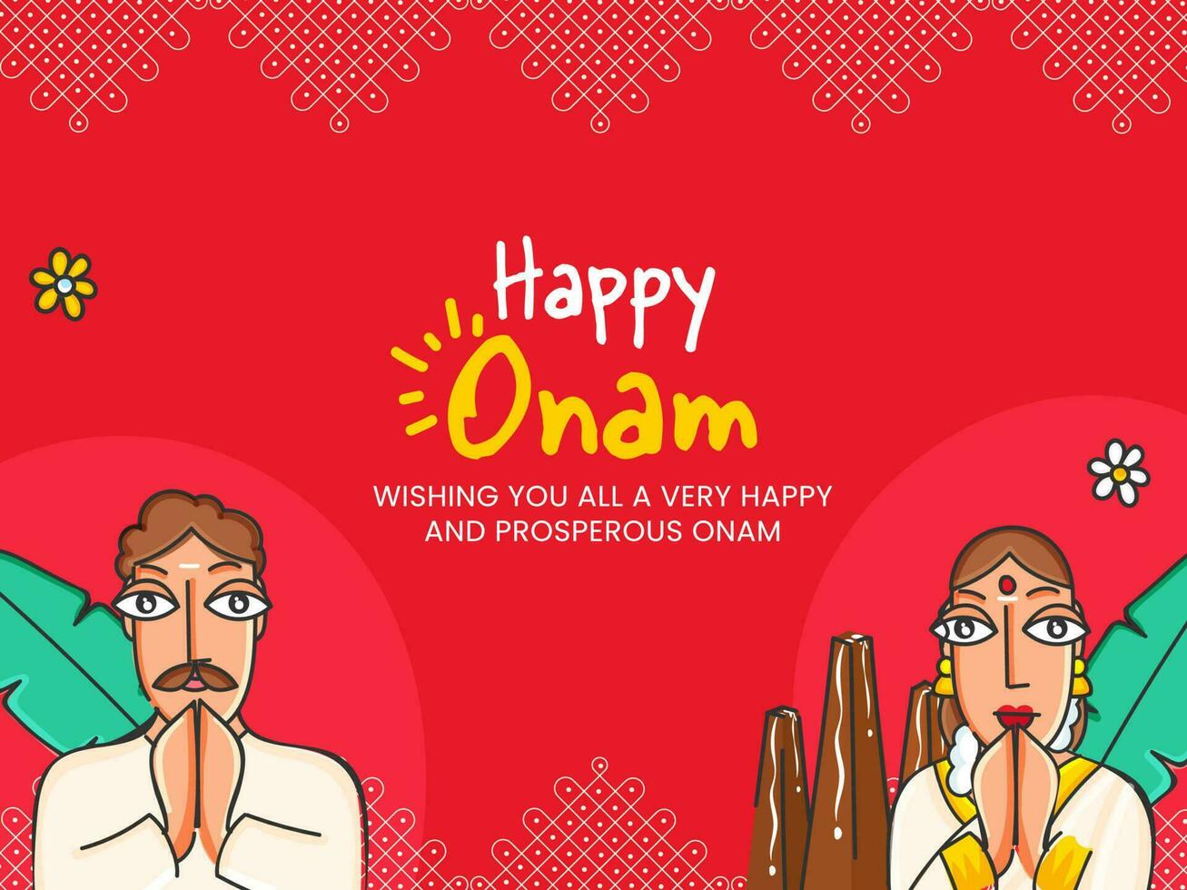 Happy Onam Celebration Concept With South Indian Man And Woman Welcoming On Red Background. vector
