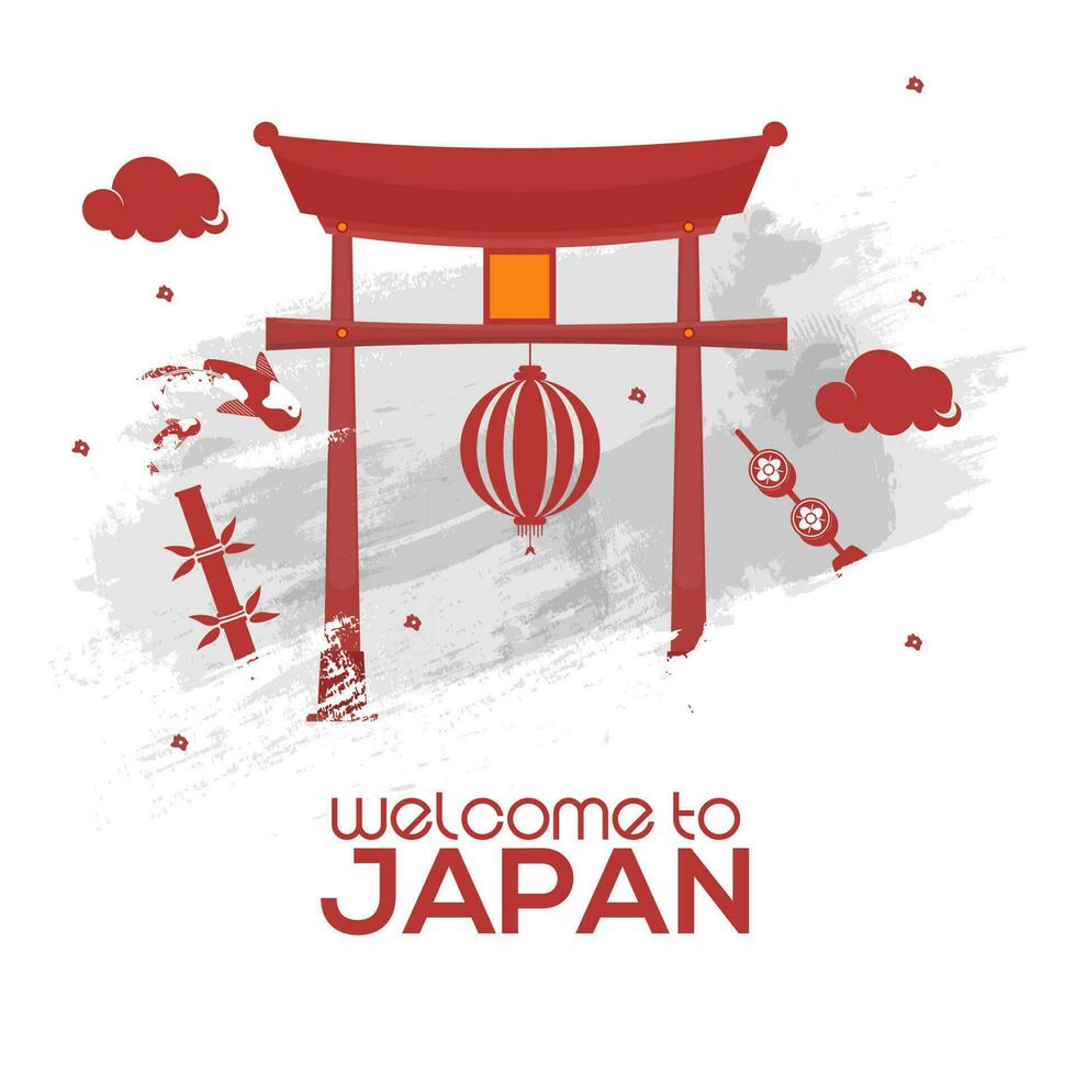 Welcome To Japan Poster Design With Japanese Gate, Hanging Lantern And Brush Effect On White Background. vector