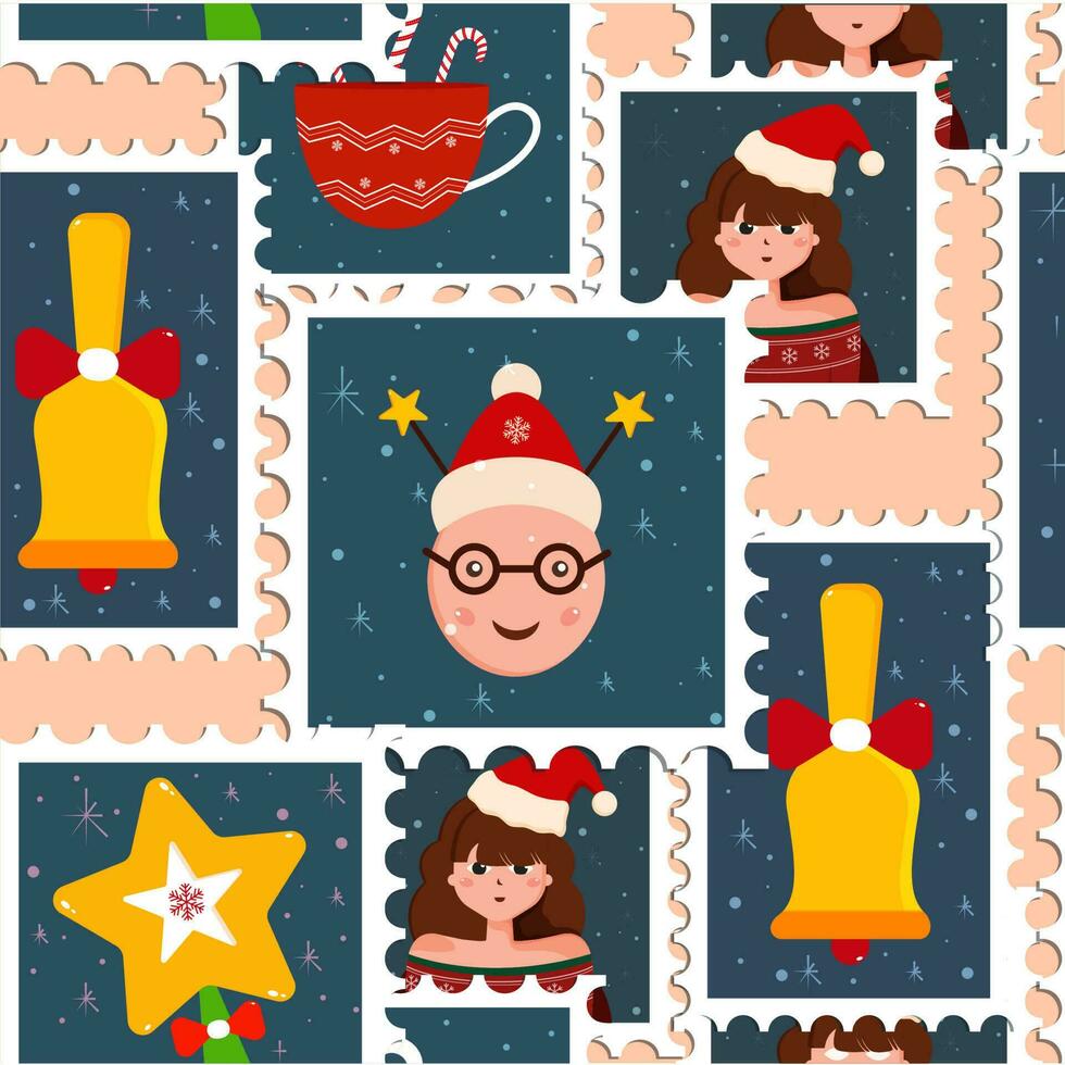 Endless Christmas Stamps Pattern On Peach Background. vector