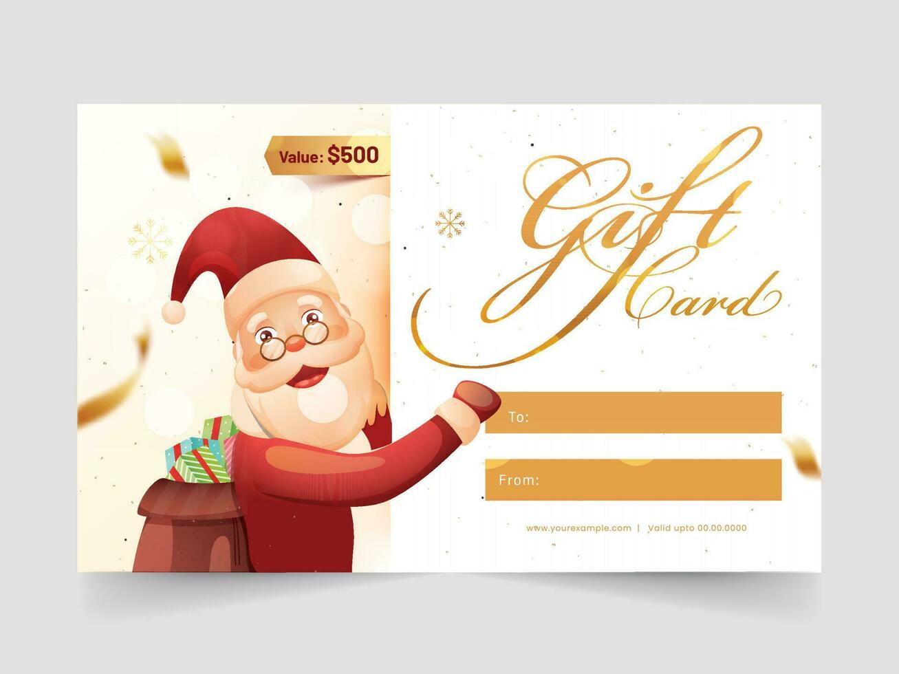 Gift Card Template Layout With Cute Santa Claus And Bag Full Of Gift Boxes Illustration. vector