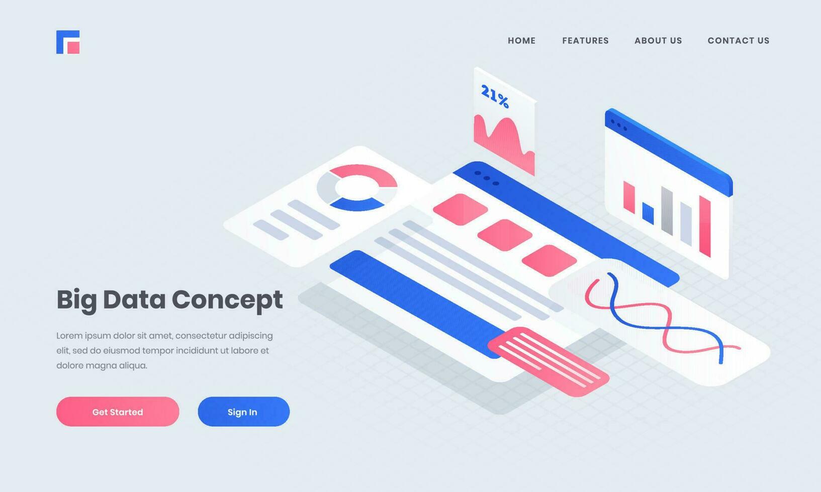 Responsive poster or landing page with infographic multiple website screen for Big Data concept based isometric design. vector