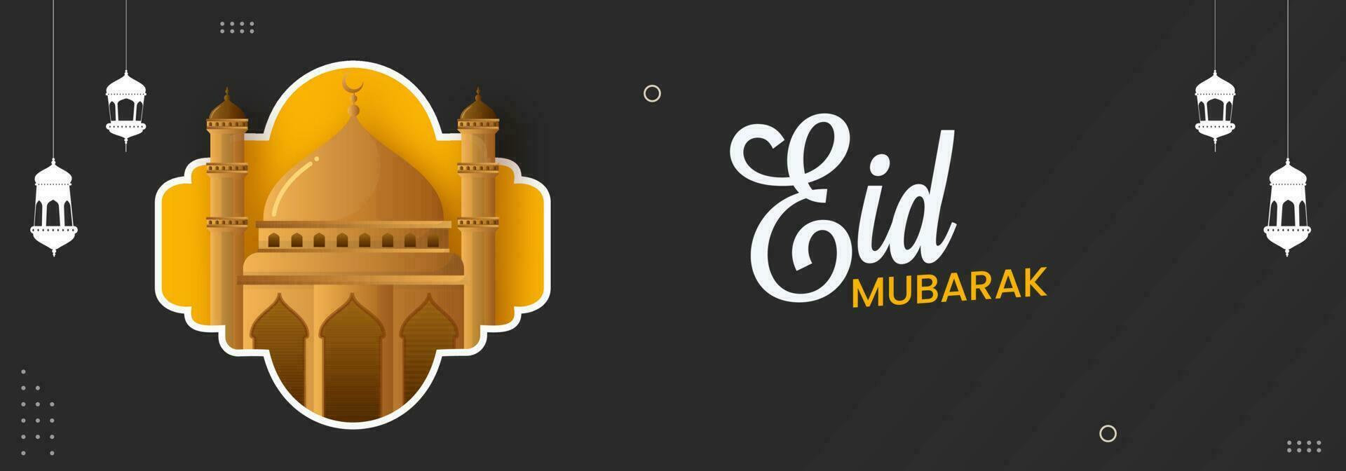 Eid Mubarak Concept With Golden Mosque Illustration And Lanterns Hang On Black Background. vector