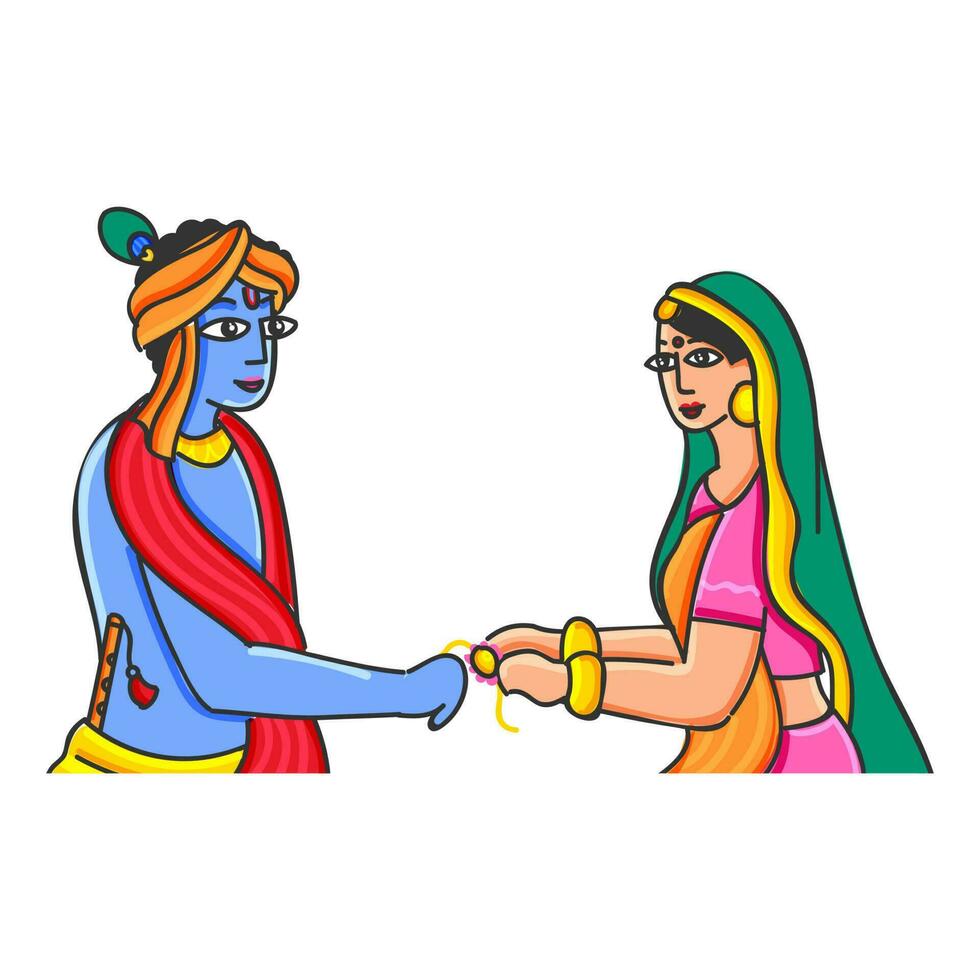 Indian Young Woman Or Subhadra Tying Rakhi To Lord Krishna On White Background. vector