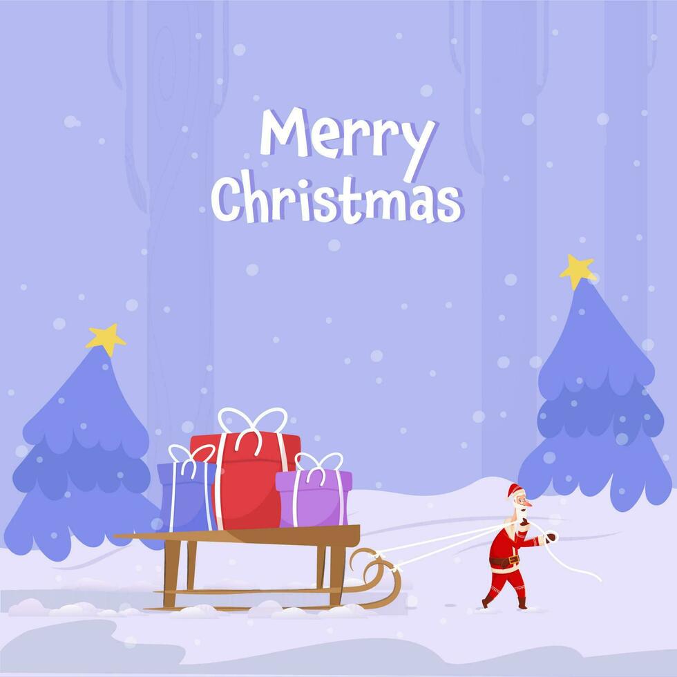 Santa Claus Carrying Sleigh Full Of Gift Boxes And Xmas Trees On Snowfall Background For Merry Christmas Celebration. vector