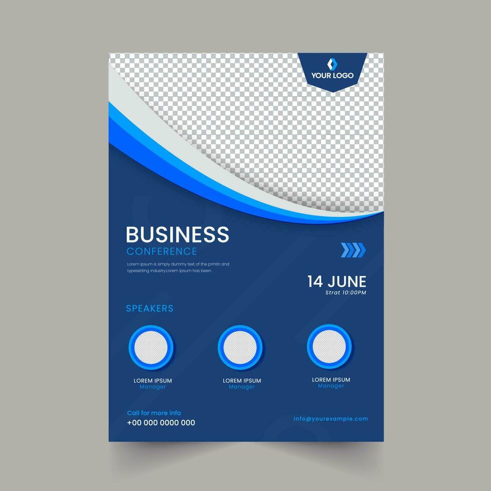Business Conference Flyer Design With Copy Space On Png And Blue Background. vector