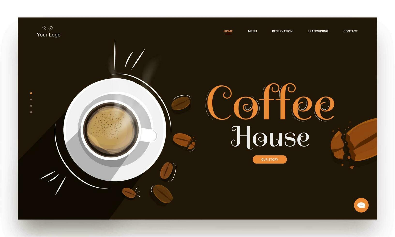 Coffee House landing page design with top view of coffee cup and beans decorated on brown background. vector