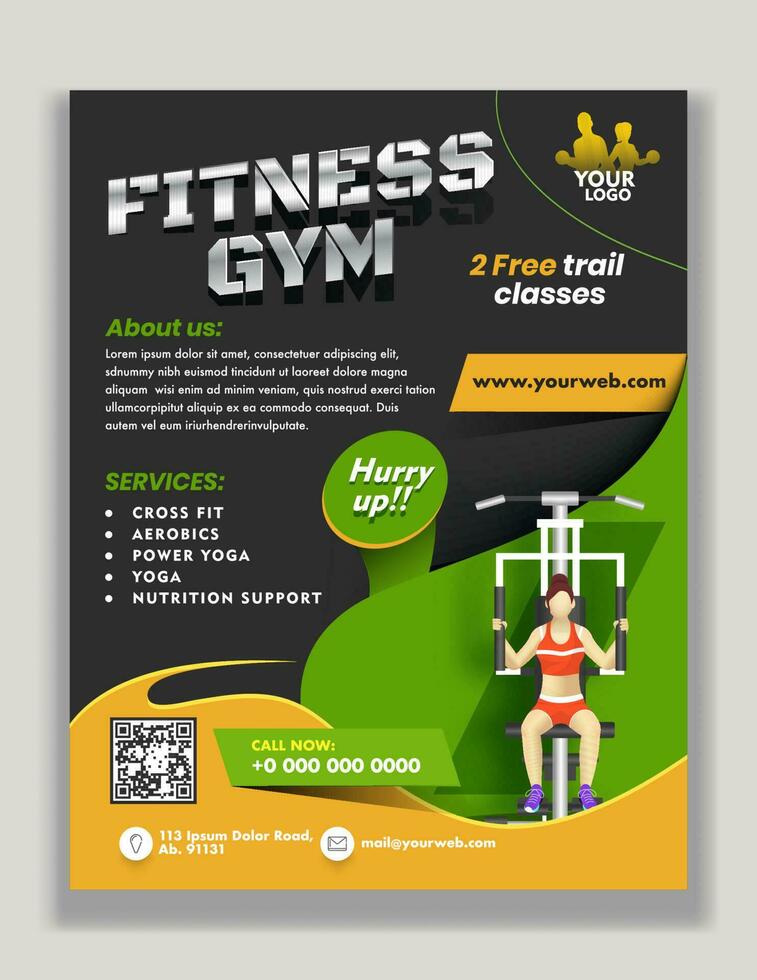 Advertising template or flyer design with venue details and illustration of woman exercising from lat machine for Fitness GYM. vector