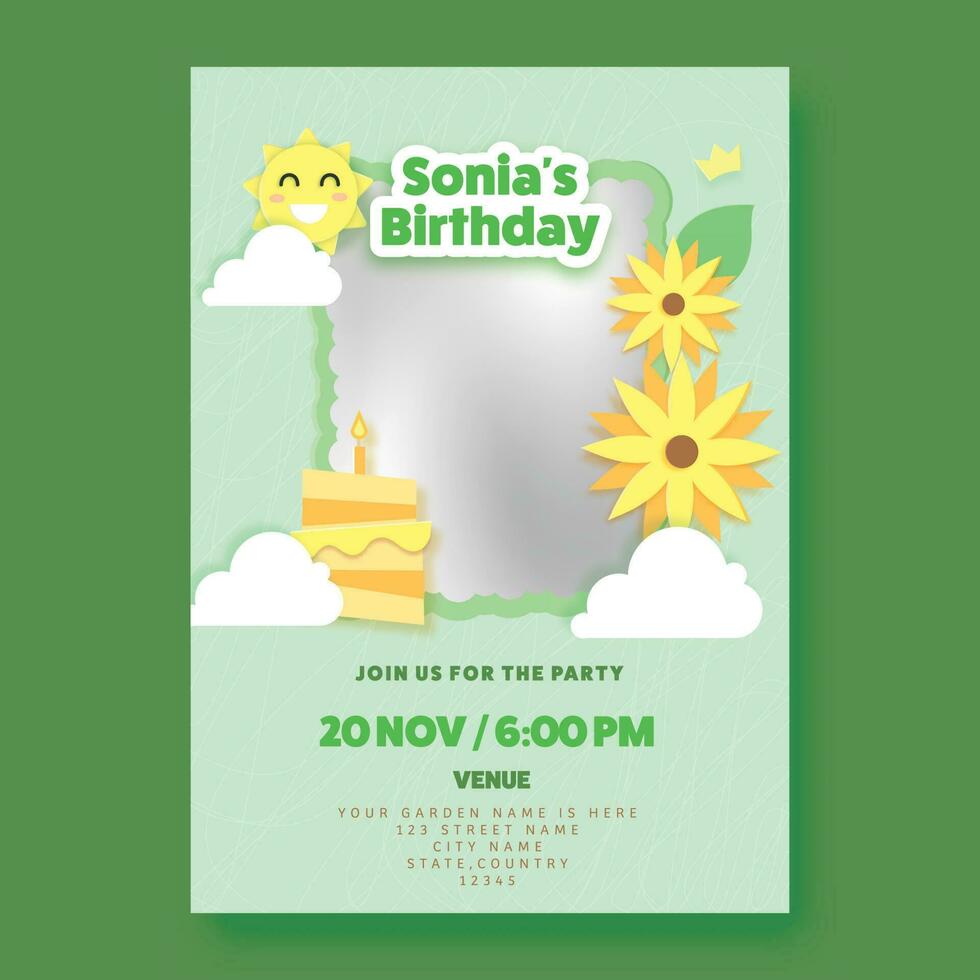 Birthday Invitation Card With Delicious Cake, Cartoon Sun And Flowers On Green Background. vector