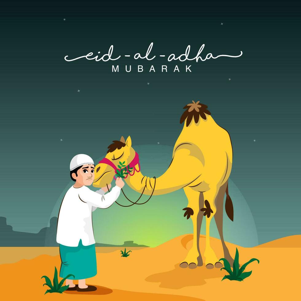 Vector Illustration Of Muslim Young Boy Feeding Grass To Camel On Desert And Dark Teal Background For Eid-Al-Adha Mubarak Celebration.