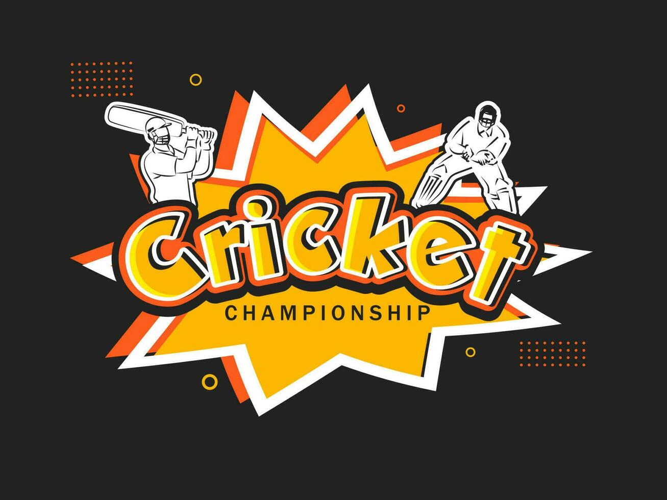 Cricket Championship Text With Sticker Style Batsman, Wicket Keeper Player On Comic Burst Black Background. vector