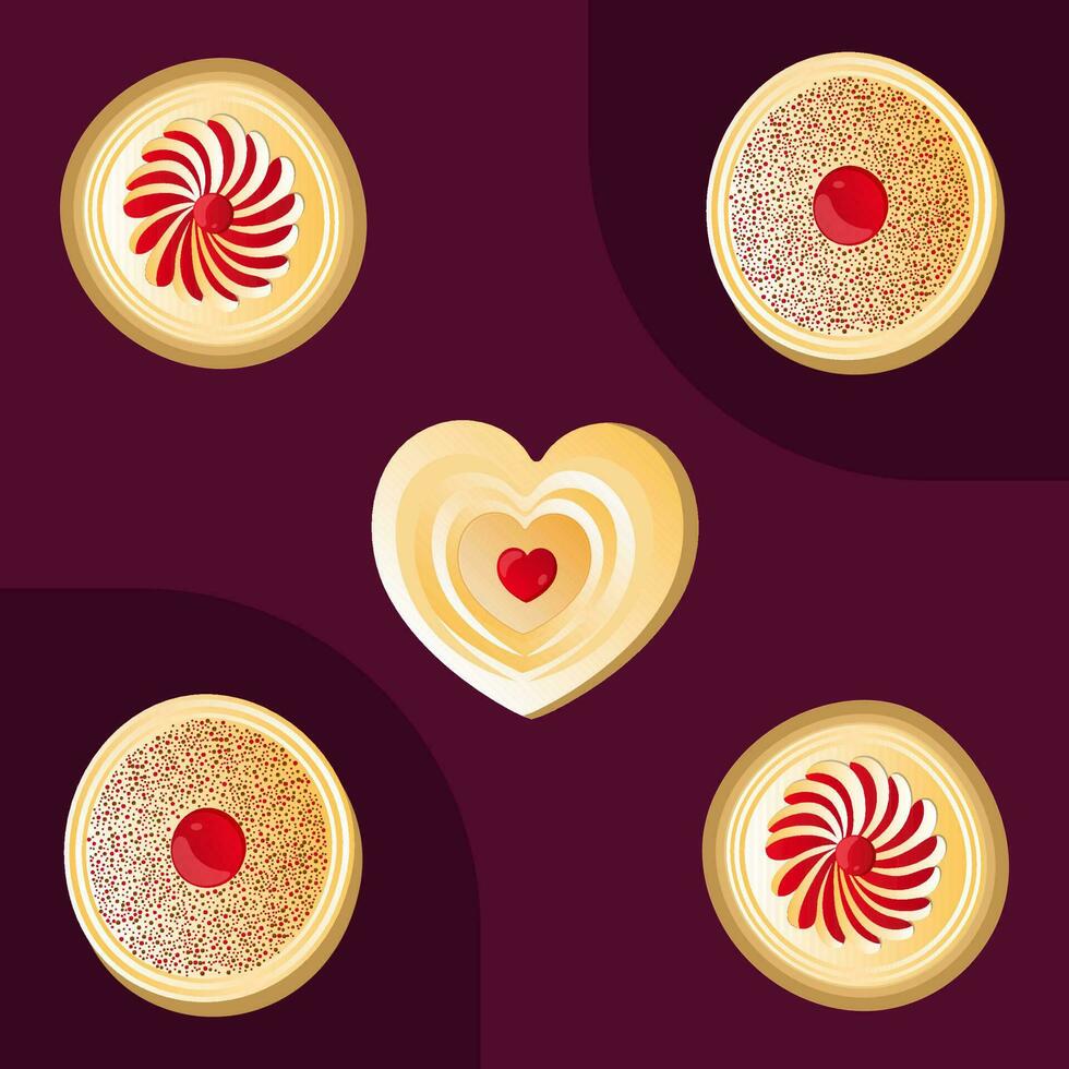 delicioso galletas colección en oscuro rosado antecedentes. vector