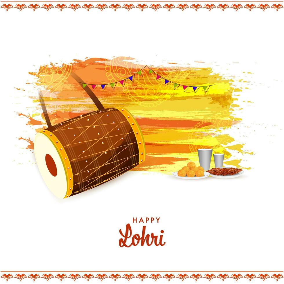 contento lohri celebracion concepto con tambor instrumento, lassi anteojos, indio dulces, chikki plato y amarillo cepillo efecto en blanco antecedentes. vector