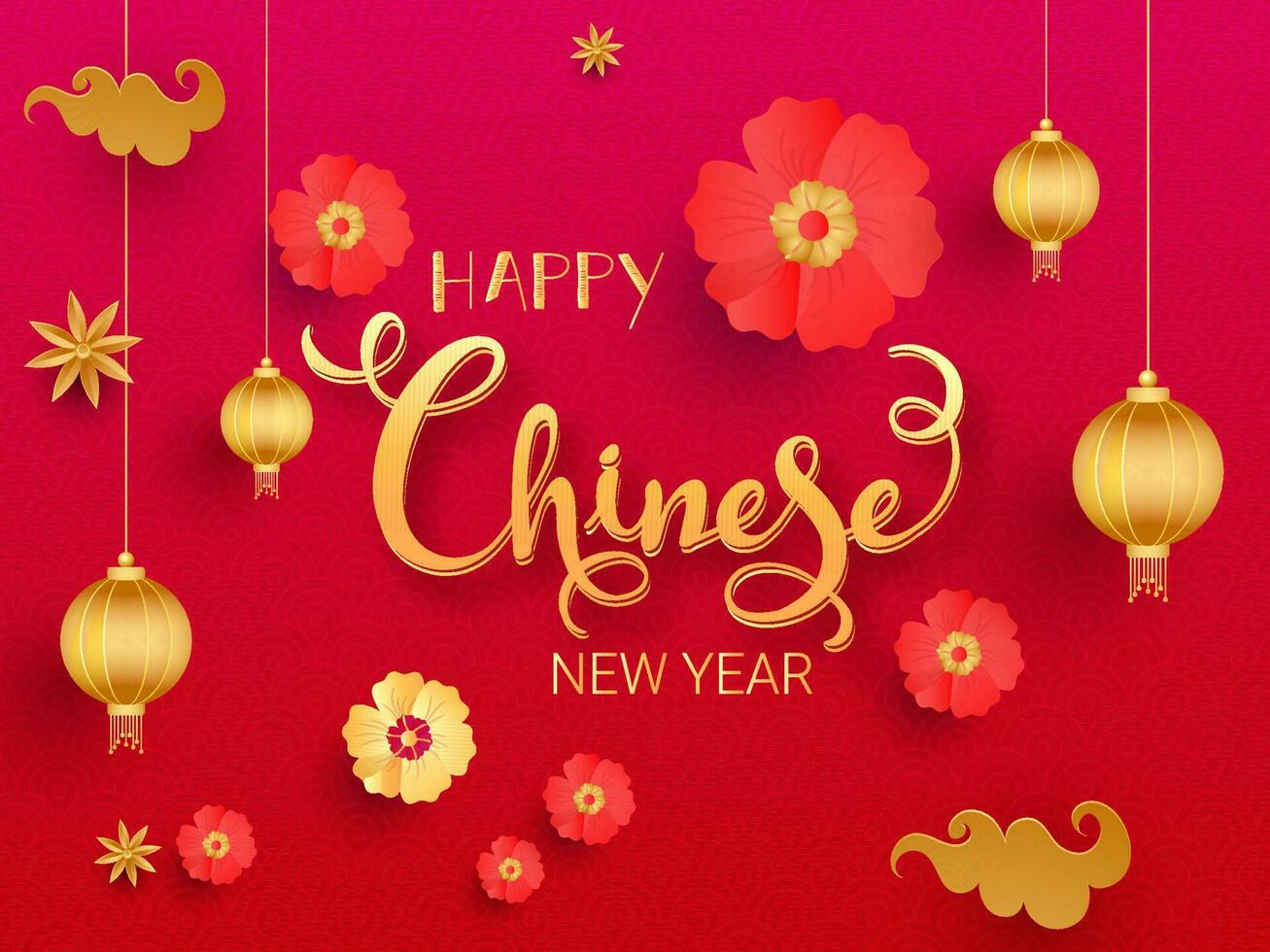 Golden Happy Chinese New Year Text Decorated with Flowers, Clouds, Stars and hanging Lanterns on Red and Pink Squama Pattern Background. vector