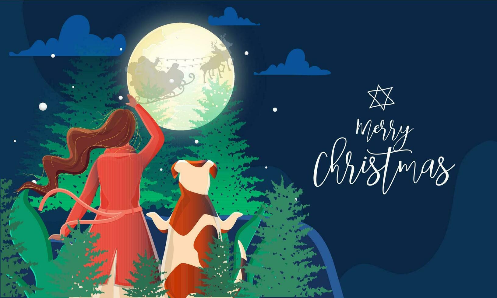 Back View of Woman and Dog Watching Santa Riding Reindeer Sleigh on Forest Moon Night Blue Background for Merry Christmas Celebration. vector