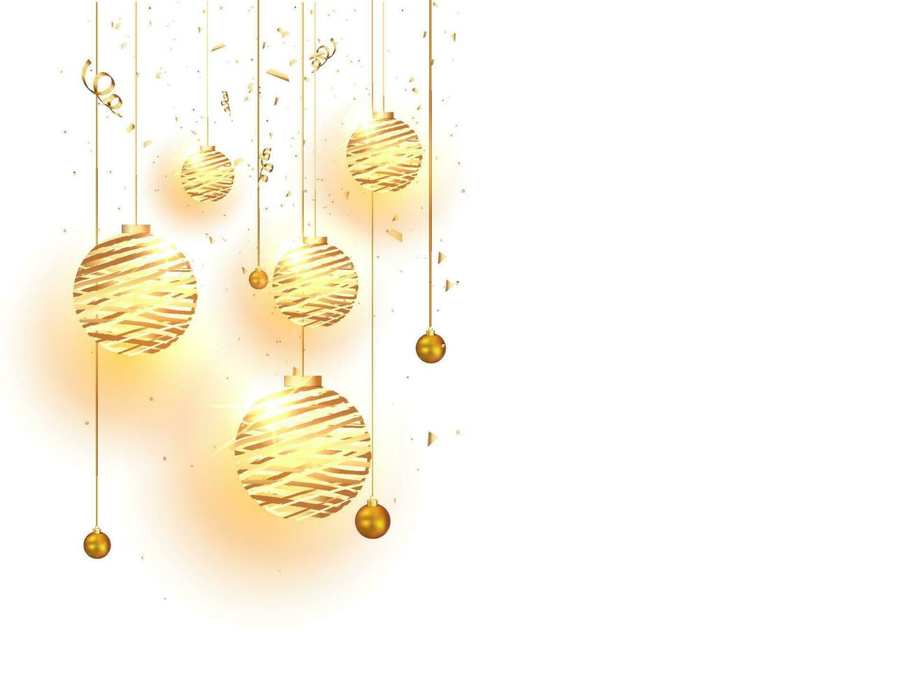 Hanging baubles with light effect and golden confetti decorated on white background can be used as greeting card design. vector