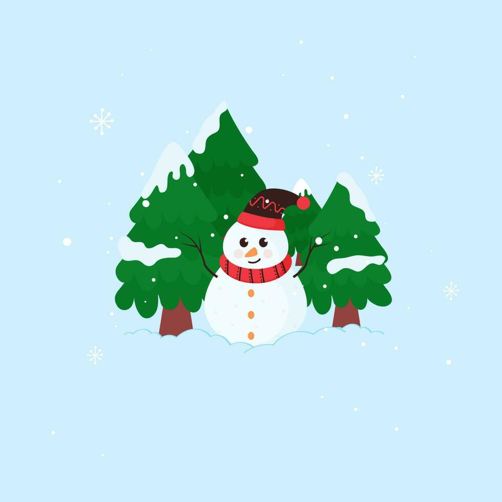Cartoon Snowman Wearing Woolen Hat With Scarf And Snowy Xmas Tree On Blue Background. vector