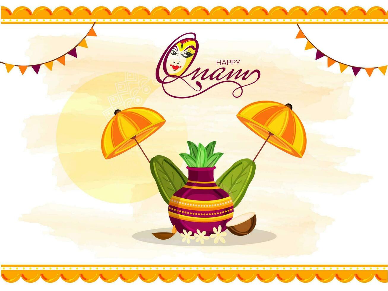 contento onam celebracion antecedentes con Adoración maceta, plátano hojas, Coco, iluminado petróleo lámpara y dos paraguas ilustración. vector