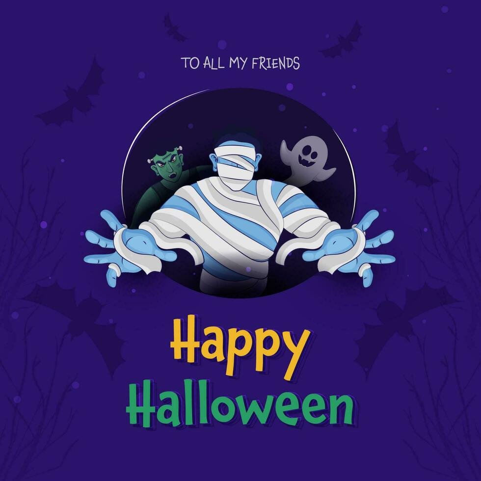 Happy Halloween Poster Design With Cartoon Ghost, Mummy And Zombie Character On Purple Bats Background. vector