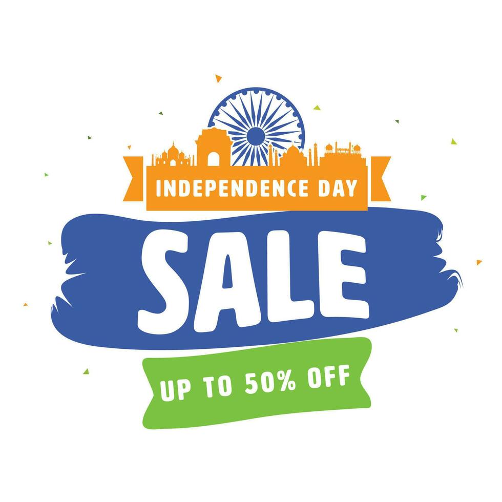 Independence Day Sale Poster Design With Silhouette Famous Monument Of India. vector